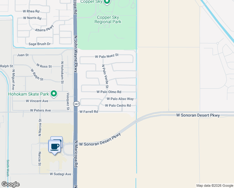 map of restaurants, bars, coffee shops, grocery stores, and more near 44202 West Palo Olmo Road in Maricopa