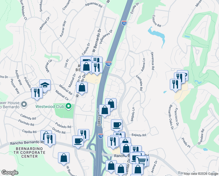 map of restaurants, bars, coffee shops, grocery stores, and more near 17544 Ashburton Road in San Diego