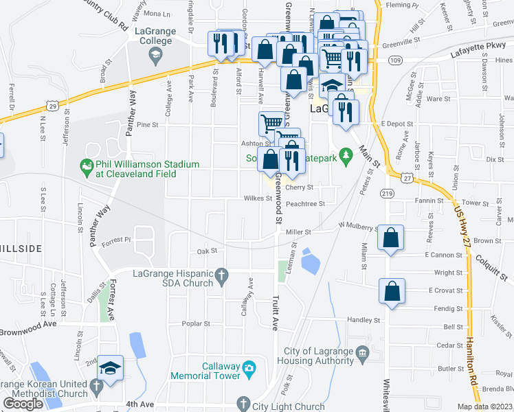 map of restaurants, bars, coffee shops, grocery stores, and more near 600 Harwell Avenue in LaGrange