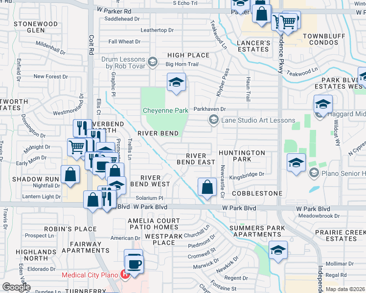 map of restaurants, bars, coffee shops, grocery stores, and more near 3533 Wandering Trail in Plano