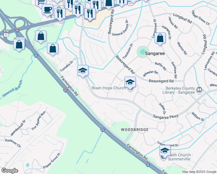 map of restaurants, bars, coffee shops, grocery stores, and more near 908 Longstreet Street in Summerville