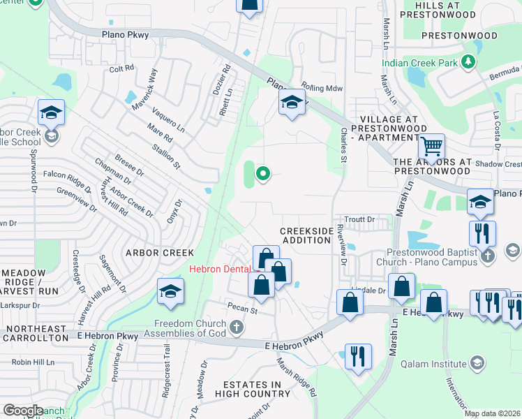 map of restaurants, bars, coffee shops, grocery stores, and more near 2521 Green Oak Drive in Carrollton