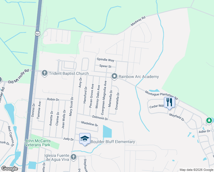 map of restaurants, bars, coffee shops, grocery stores, and more near 152 Evergreen Magnolia Avenue in Goose Creek