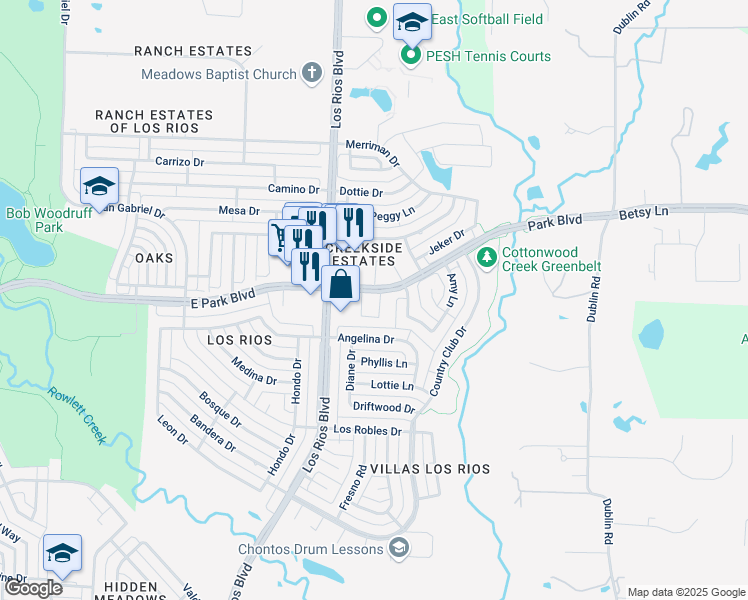 map of restaurants, bars, coffee shops, grocery stores, and more near 2244 Caniesto Street in Plano