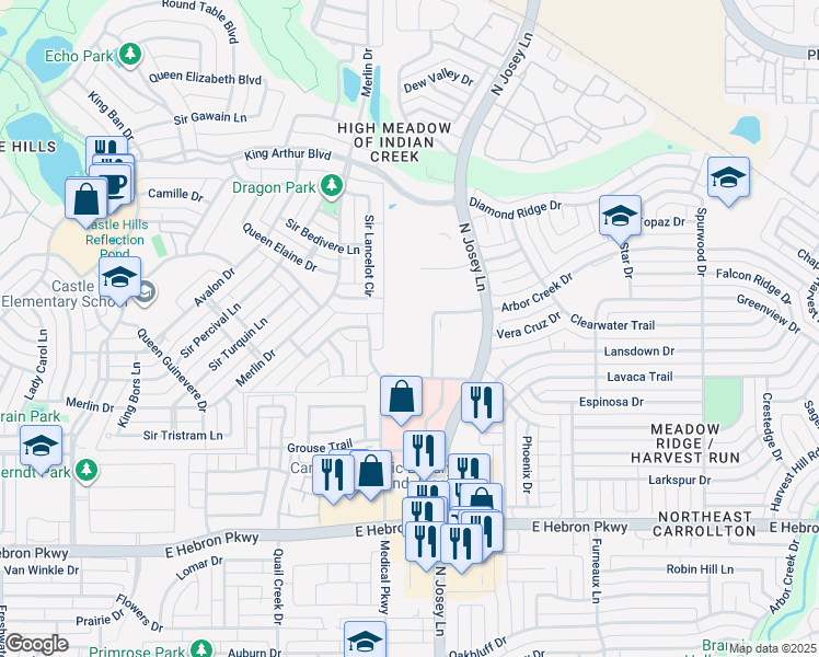 map of restaurants, bars, coffee shops, grocery stores, and more near 1825 Arbor Creek Drive in Carrollton