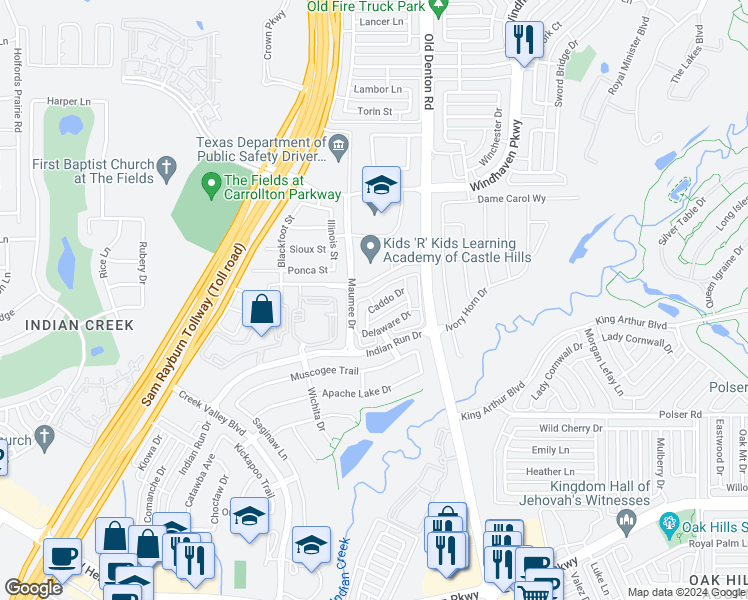 map of restaurants, bars, coffee shops, grocery stores, and more near 1028 Caddo Drive in Carrollton