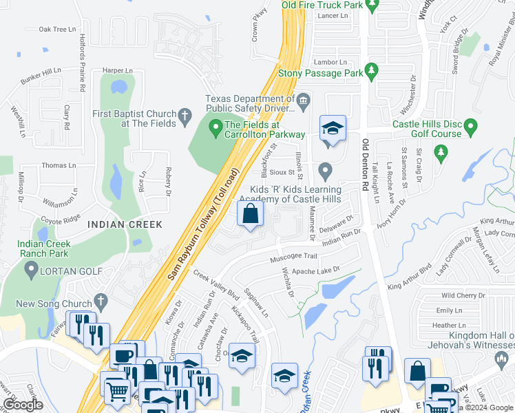 map of restaurants, bars, coffee shops, grocery stores, and more near 4452 Saukenuk Lane in Carrollton