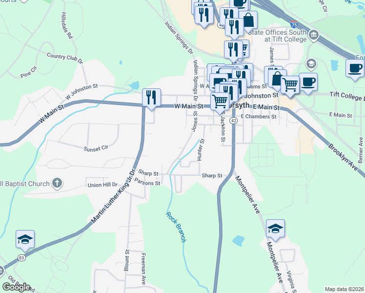 map of restaurants, bars, coffee shops, grocery stores, and more near 107 Jones Court in Forsyth