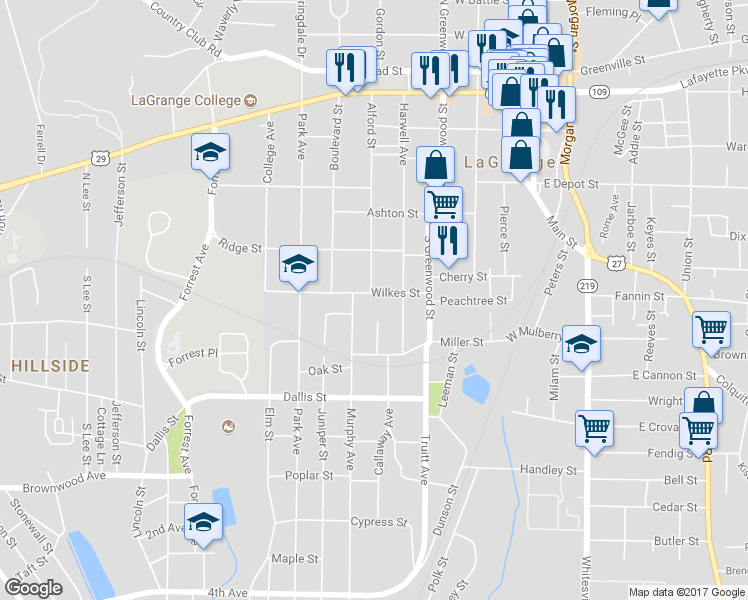map of restaurants, bars, coffee shops, grocery stores, and more near 207 Wilkes Street in LaGrange