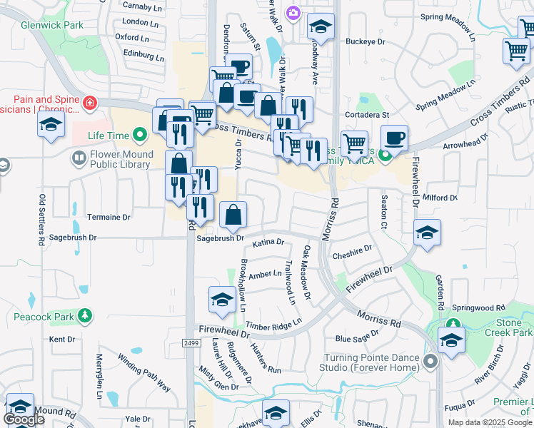 map of restaurants, bars, coffee shops, grocery stores, and more near 3300 Stone Bridge Drive in Flower Mound