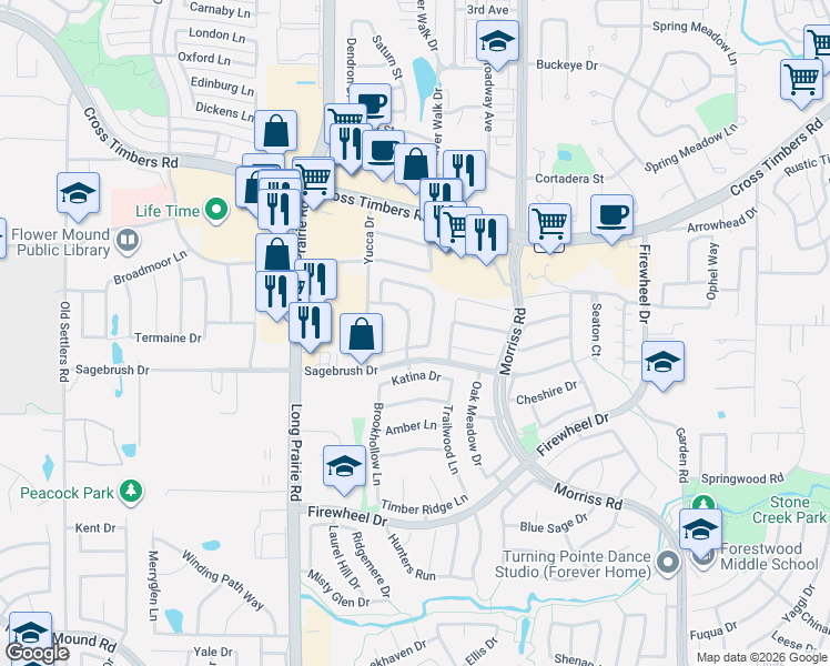 map of restaurants, bars, coffee shops, grocery stores, and more near 3309 Stone Bridge Drive in Flower Mound