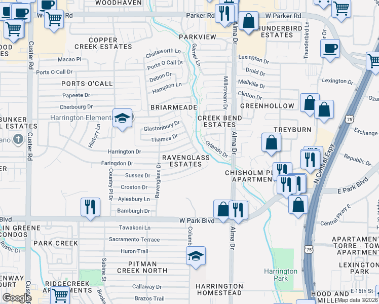 map of restaurants, bars, coffee shops, grocery stores, and more near 1400 Harrington Drive in Plano