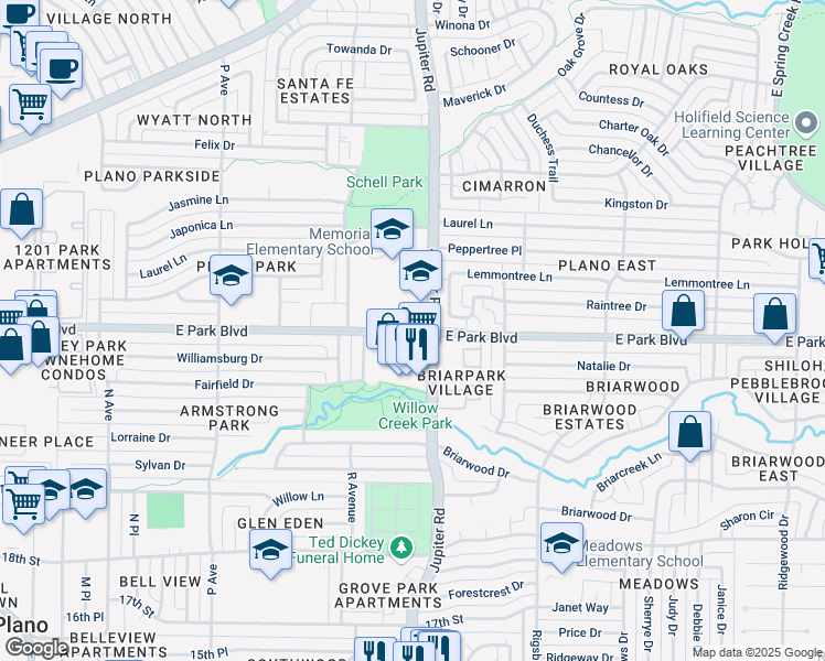 map of restaurants, bars, coffee shops, grocery stores, and more near 2345 East Park Boulevard in Plano