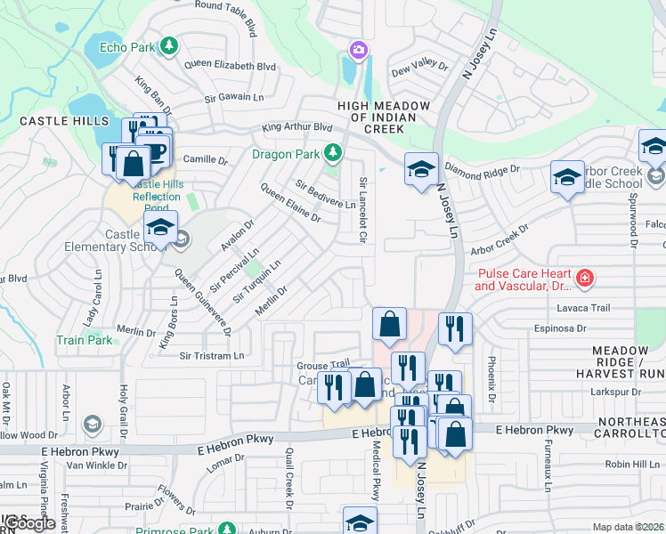 map of restaurants, bars, coffee shops, grocery stores, and more near 2620 Merlin Drive in Lewisville