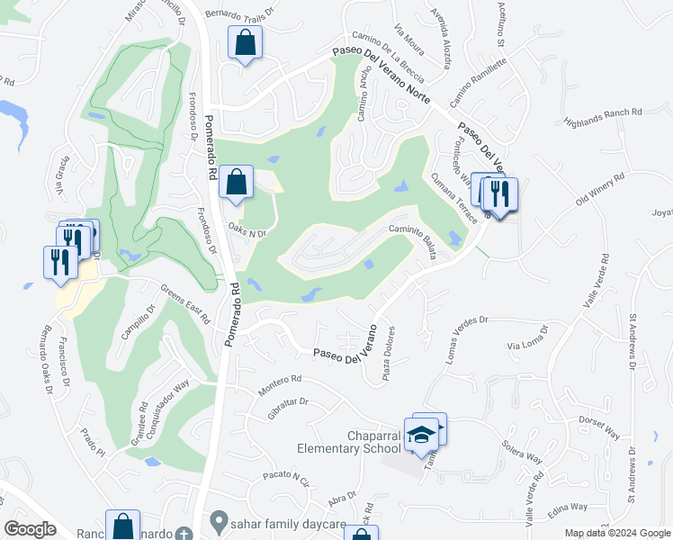 map of restaurants, bars, coffee shops, grocery stores, and more near 17848 Caminito Balata in San Diego