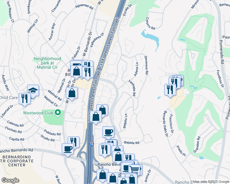 map of restaurants, bars, coffee shops, grocery stores, and more near 17456 Fairlie Road in San Diego