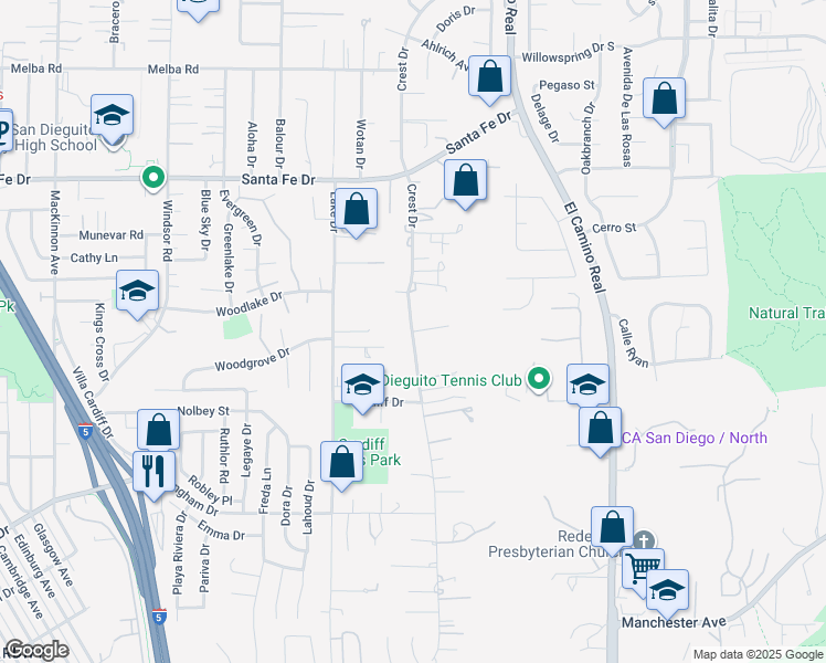 map of restaurants, bars, coffee shops, grocery stores, and more near Crest Drive in Encinitas