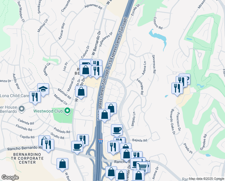 map of restaurants, bars, coffee shops, grocery stores, and more near 17523 Ashburton Road in San Diego
