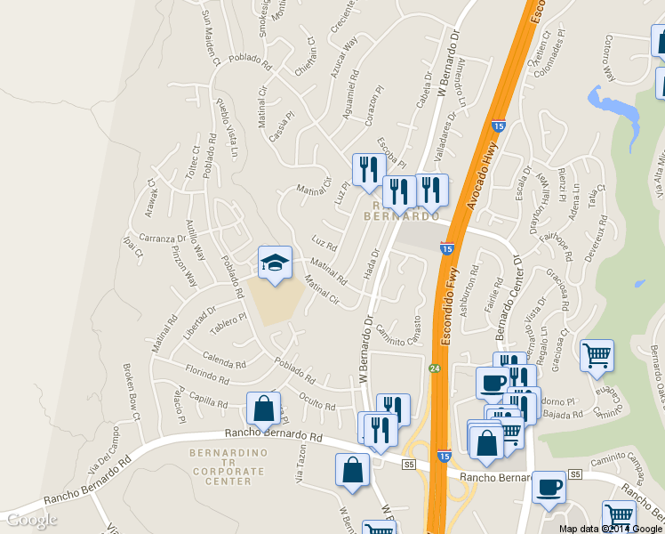 map of restaurants, bars, coffee shops, grocery stores, and more near 17429 Cabela Drive in San Diego