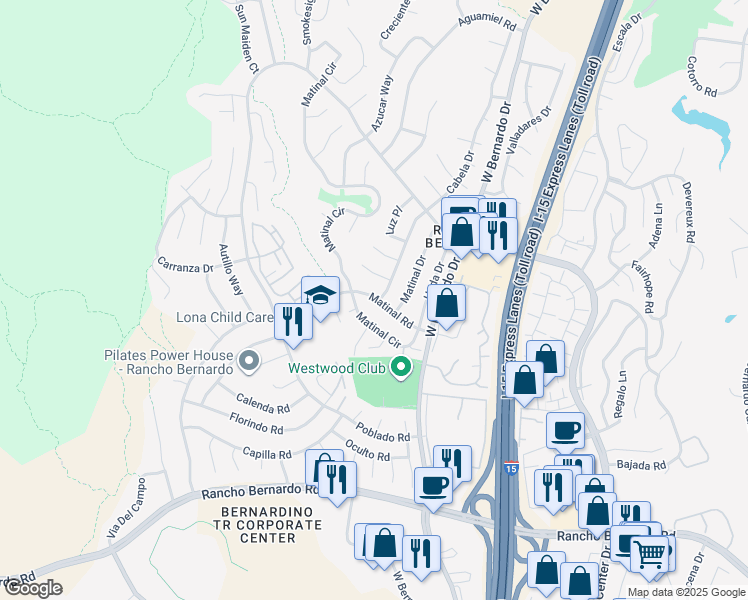 map of restaurants, bars, coffee shops, grocery stores, and more near 17429 Cabela Drive in San Diego