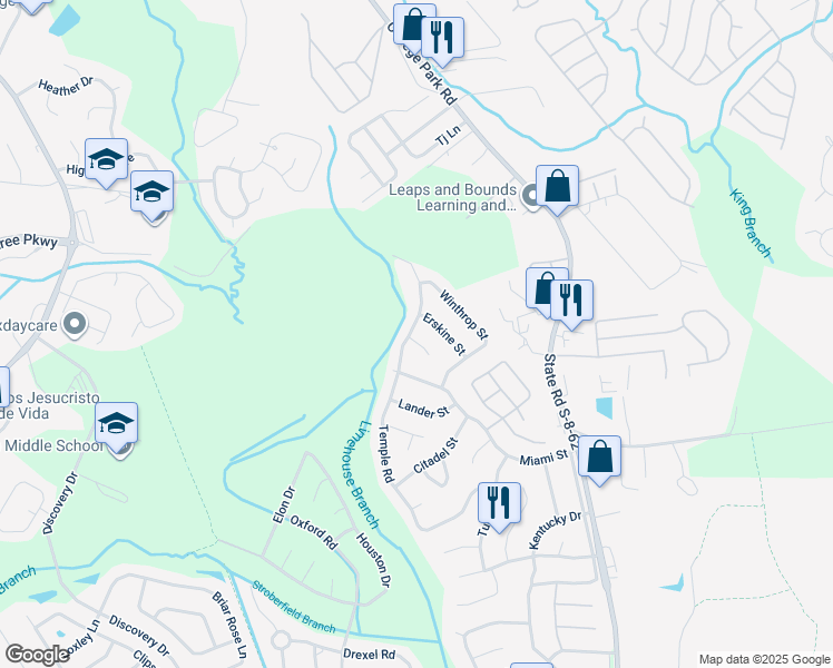 map of restaurants, bars, coffee shops, grocery stores, and more near 717B Temple Road in Ladson