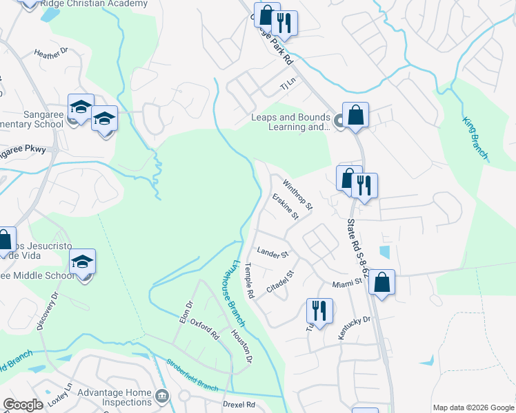 map of restaurants, bars, coffee shops, grocery stores, and more near 717B Temple Road in Ladson