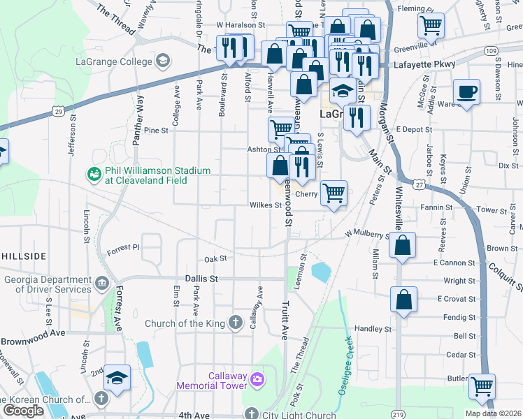 map of restaurants, bars, coffee shops, grocery stores, and more near 207 Wilkes Street in LaGrange
