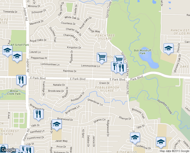 map of restaurants, bars, coffee shops, grocery stores, and more near 3203 East Park Boulevard in Plano
