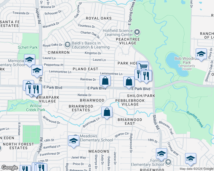 map of restaurants, bars, coffee shops, grocery stores, and more near 3121 East Park Boulevard in Plano