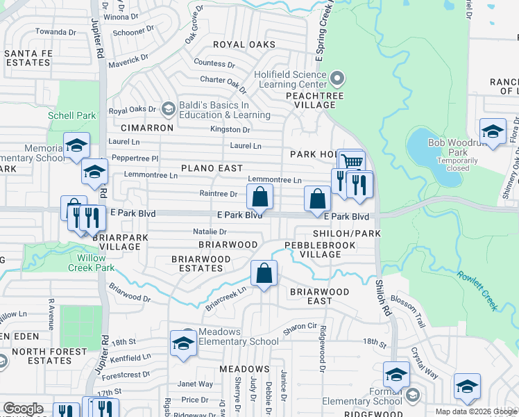 map of restaurants, bars, coffee shops, grocery stores, and more near 3121 East Park Boulevard in Plano