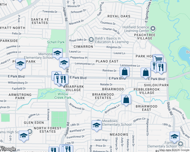map of restaurants, bars, coffee shops, grocery stores, and more near 2717 East Park Boulevard in Plano