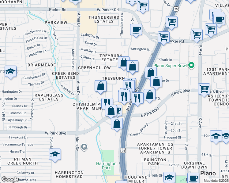 map of restaurants, bars, coffee shops, grocery stores, and more near 2400 Treyburn Court in Plano