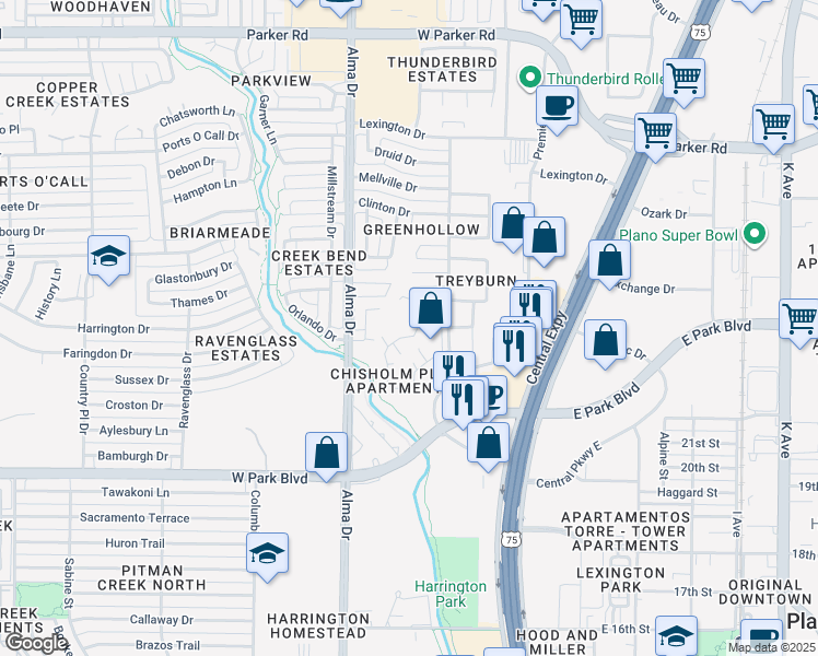 map of restaurants, bars, coffee shops, grocery stores, and more near 920 Raywood Circle in Plano