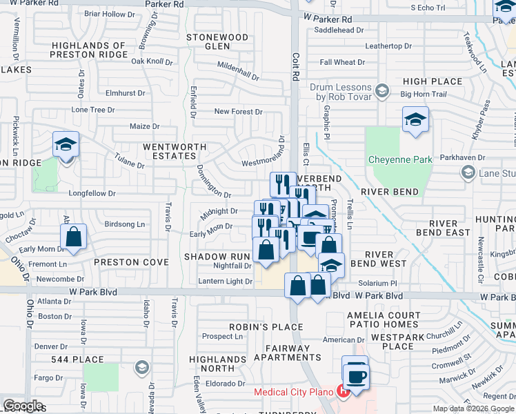 map of restaurants, bars, coffee shops, grocery stores, and more near 2500 Rosehill Lane in Plano