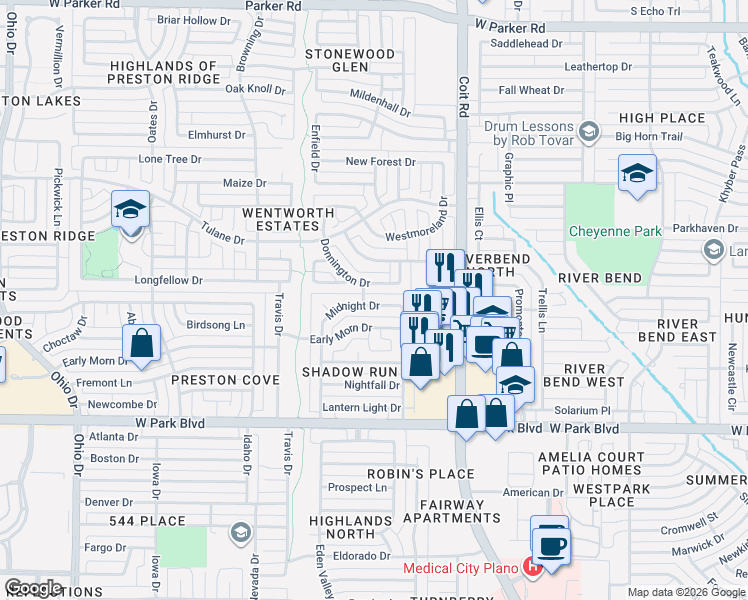map of restaurants, bars, coffee shops, grocery stores, and more near 4124 Donnington Drive in Plano