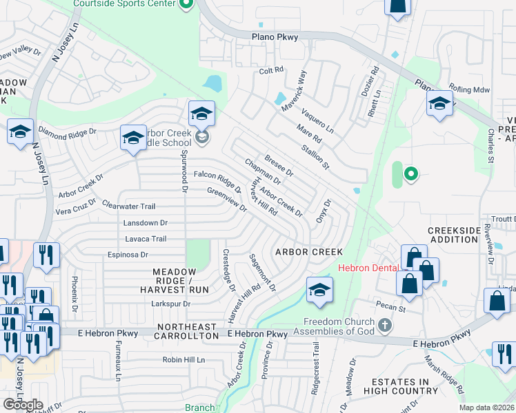 map of restaurants, bars, coffee shops, grocery stores, and more near 4336 Harvest Hill Road in Carrollton