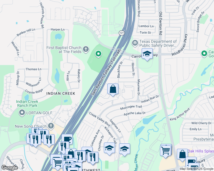 map of restaurants, bars, coffee shops, grocery stores, and more near 1398 Meskwaki Way in Carrollton
