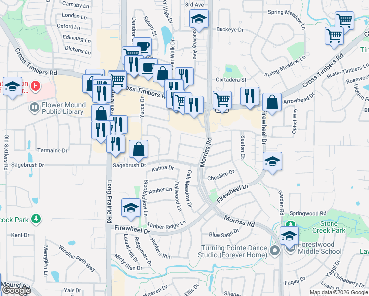 map of restaurants, bars, coffee shops, grocery stores, and more near 2304 Norwich Street in Flower Mound