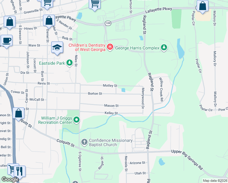 map of restaurants, bars, coffee shops, grocery stores, and more near 420 Macon Street in LaGrange