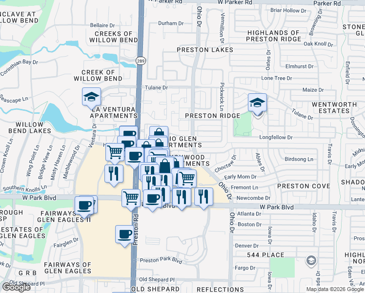 map of restaurants, bars, coffee shops, grocery stores, and more near 2501 Ohio Drive in Plano