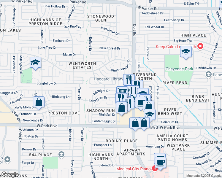 map of restaurants, bars, coffee shops, grocery stores, and more near 4124 Donnington Drive in Plano