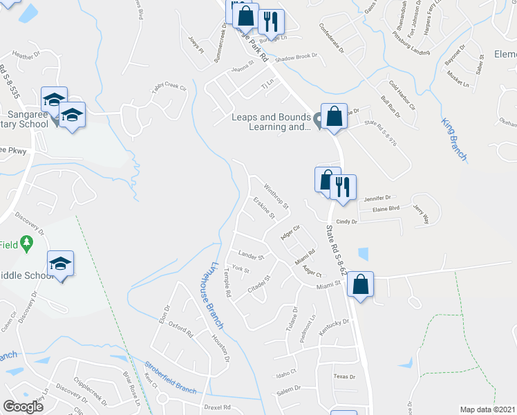 map of restaurants, bars, coffee shops, grocery stores, and more near 411B Erskine Street in Ladson