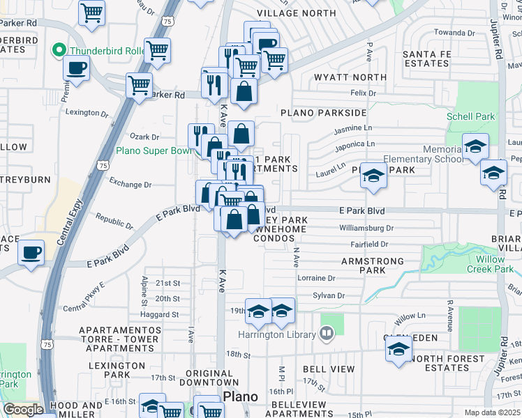map of restaurants, bars, coffee shops, grocery stores, and more near 1208 East Park Boulevard in Plano