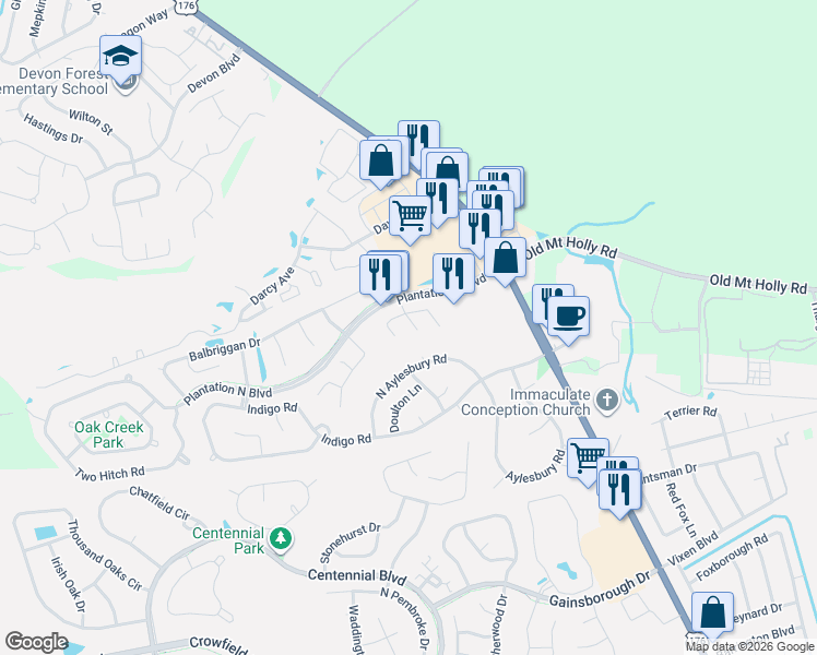 map of restaurants, bars, coffee shops, grocery stores, and more near 105 Chelwood Drive in Goose Creek
