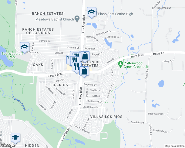 map of restaurants, bars, coffee shops, grocery stores, and more near 2244 Caniesto Street in Plano