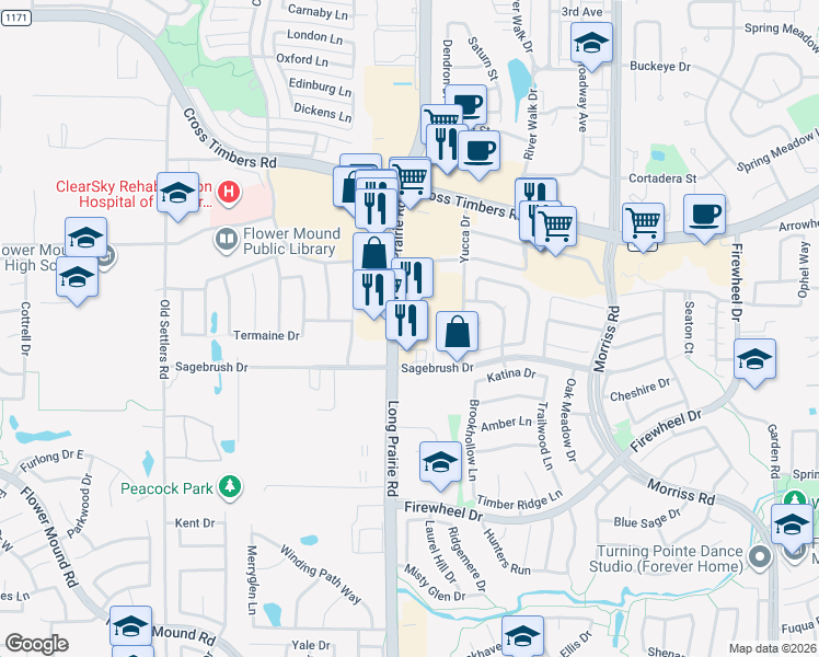 map of restaurants, bars, coffee shops, grocery stores, and more near 3360 Long Prairie Road in Flower Mound