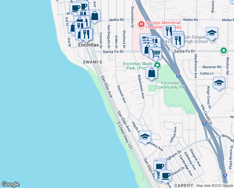 map of restaurants, bars, coffee shops, grocery stores, and more near 1462 Summit Avenue in Encinitas