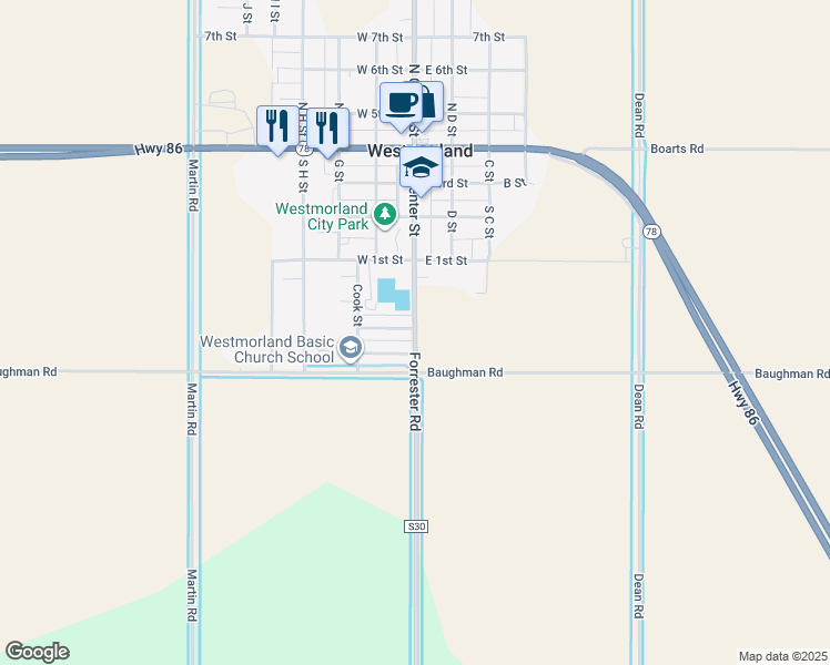 map of restaurants, bars, coffee shops, grocery stores, and more near 5236 South Center Street in Brawley