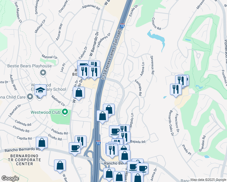 map of restaurants, bars, coffee shops, grocery stores, and more near 17527 Ashburton Road in San Diego