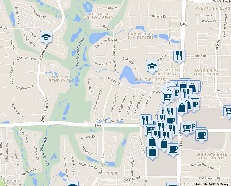 map of restaurants, bars, coffee shops, grocery stores, and more near 2305 Wing Point Lane in Plano